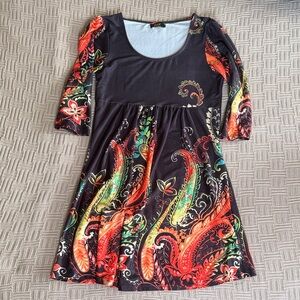 Black Paisley-Print Mini Dress with Scoop Neck